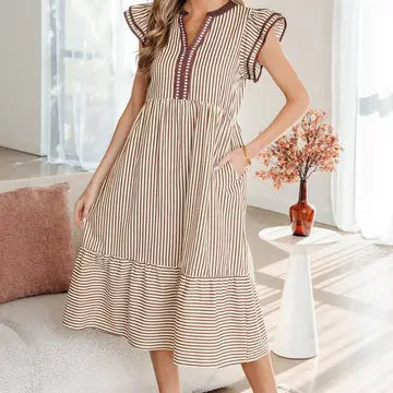 Brown Stripe Short Sleeve V Neck Midi Dress
