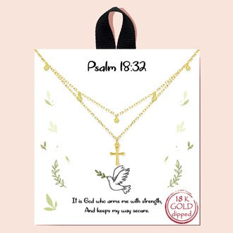 "Psalm 18:32" Dainty Cross & Cubic Zirconia Charm Layered Necklace