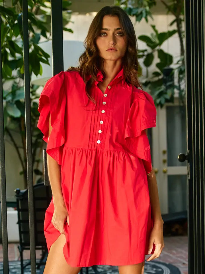 Ruffled Sleeve Pintuck Red Mini Dress