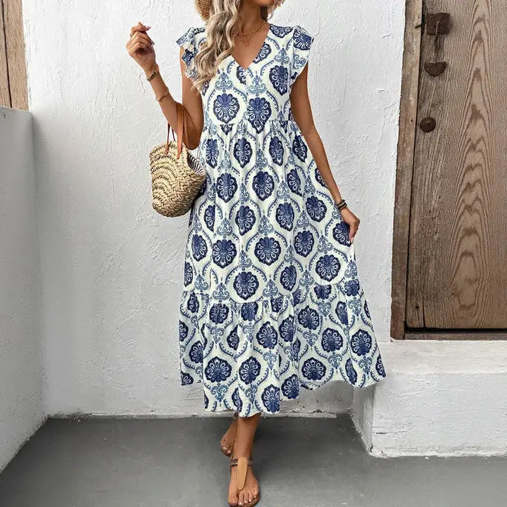 Loose V Neck Floral Blue Maxi Dress