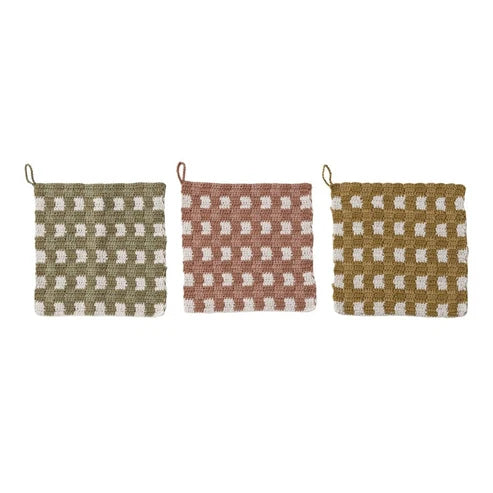 Hazel Mazel: Square Cotton Crocheted Pot Holder w Leather Loop