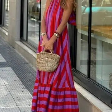 Halterneck Backless Striped Print Maxi Dress