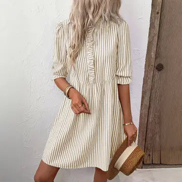 Puff-Sleeve Stand-Up Collar Striped Dress | Khaki