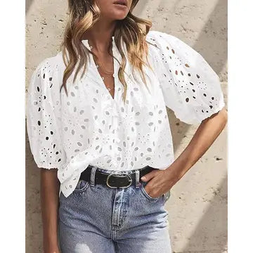 Bohemia Crochet lace Eyelet high neck short sleeve blouse