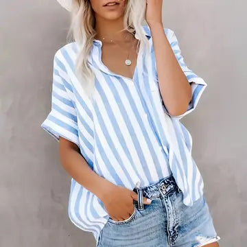 Trendy Striped Oversized Button-Down Shirt | SkyBlue