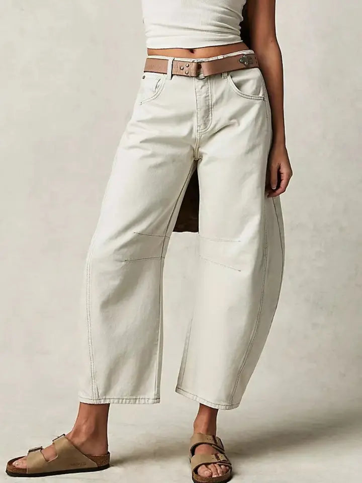 Washed Mid Rise Loose Barrel Jeans