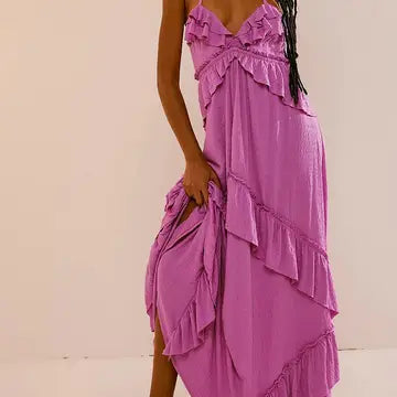 Halter tie neck maxi dress with tiered billowy ruffles