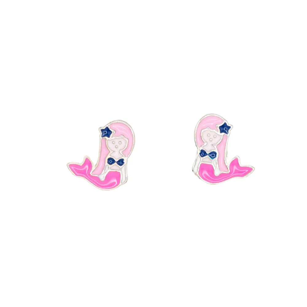 Pink Hair Enamel Mermaid Ocean Beach Post Stud Childrens