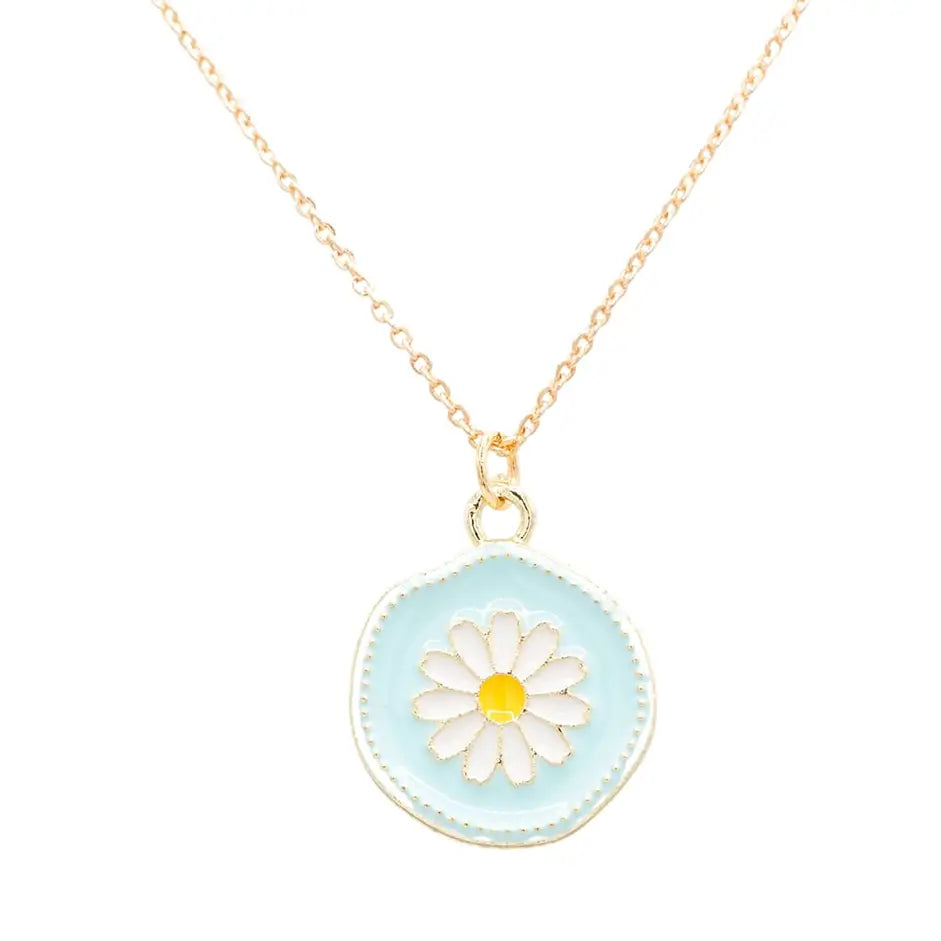 White Daisy Blue Medallion Charm Pendant Children's Necklace