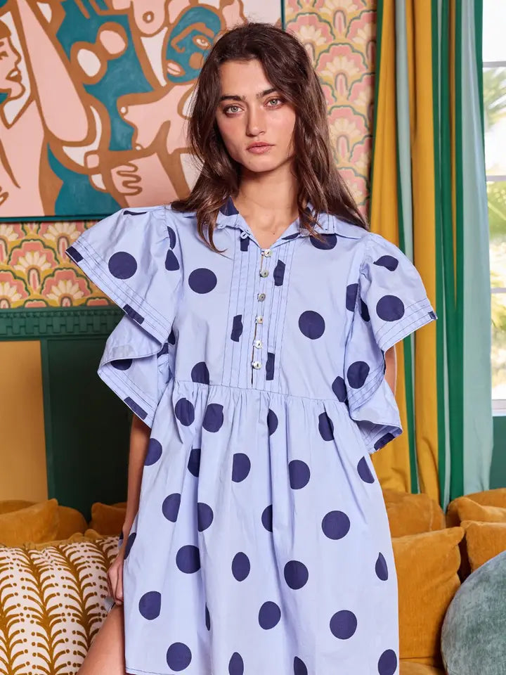 Sleeve Pintuck Detail Polka Dot Mini Dress