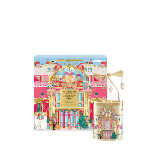 Glasshouse Fragrances 13.4 oz Music City Magic Candle with Spinning Carousel Gift Set