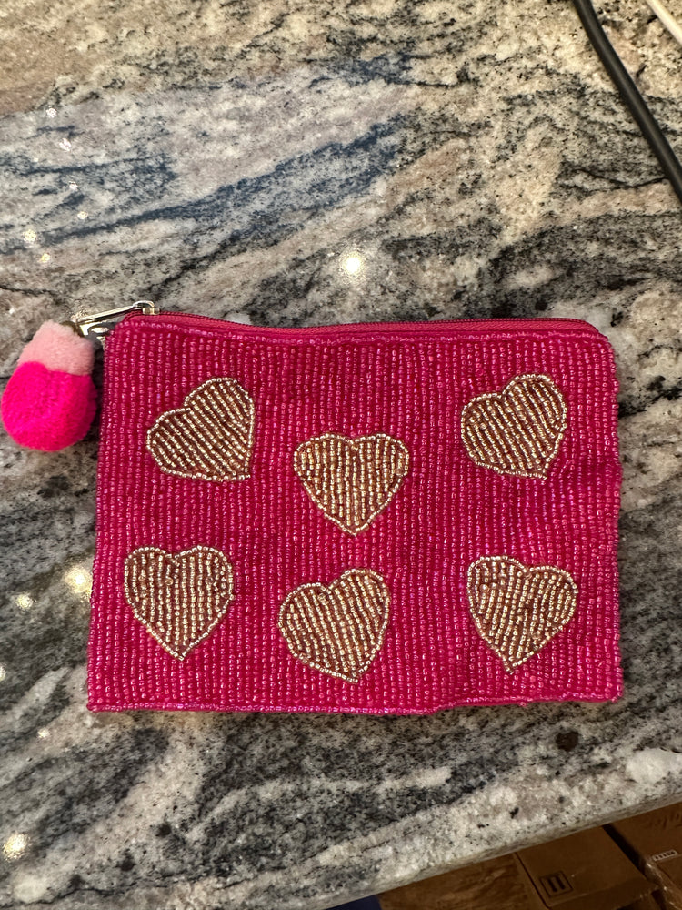 Hot Pink With Hearts Beaded Coin Purse