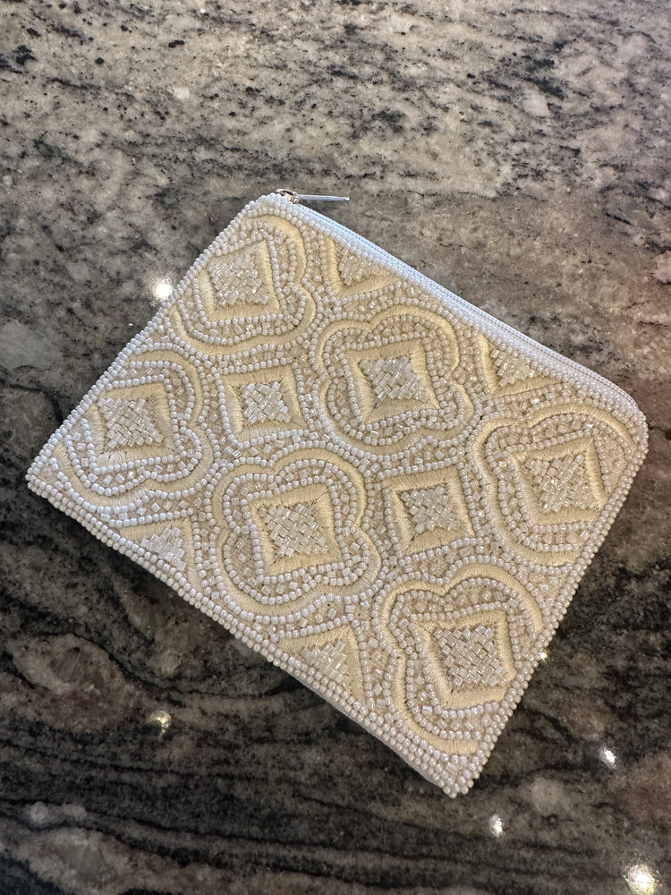 Ivory Beaded Coin Zip Pouch