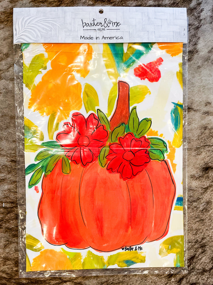 Pumpkin with Fall Flowers Garden Flag