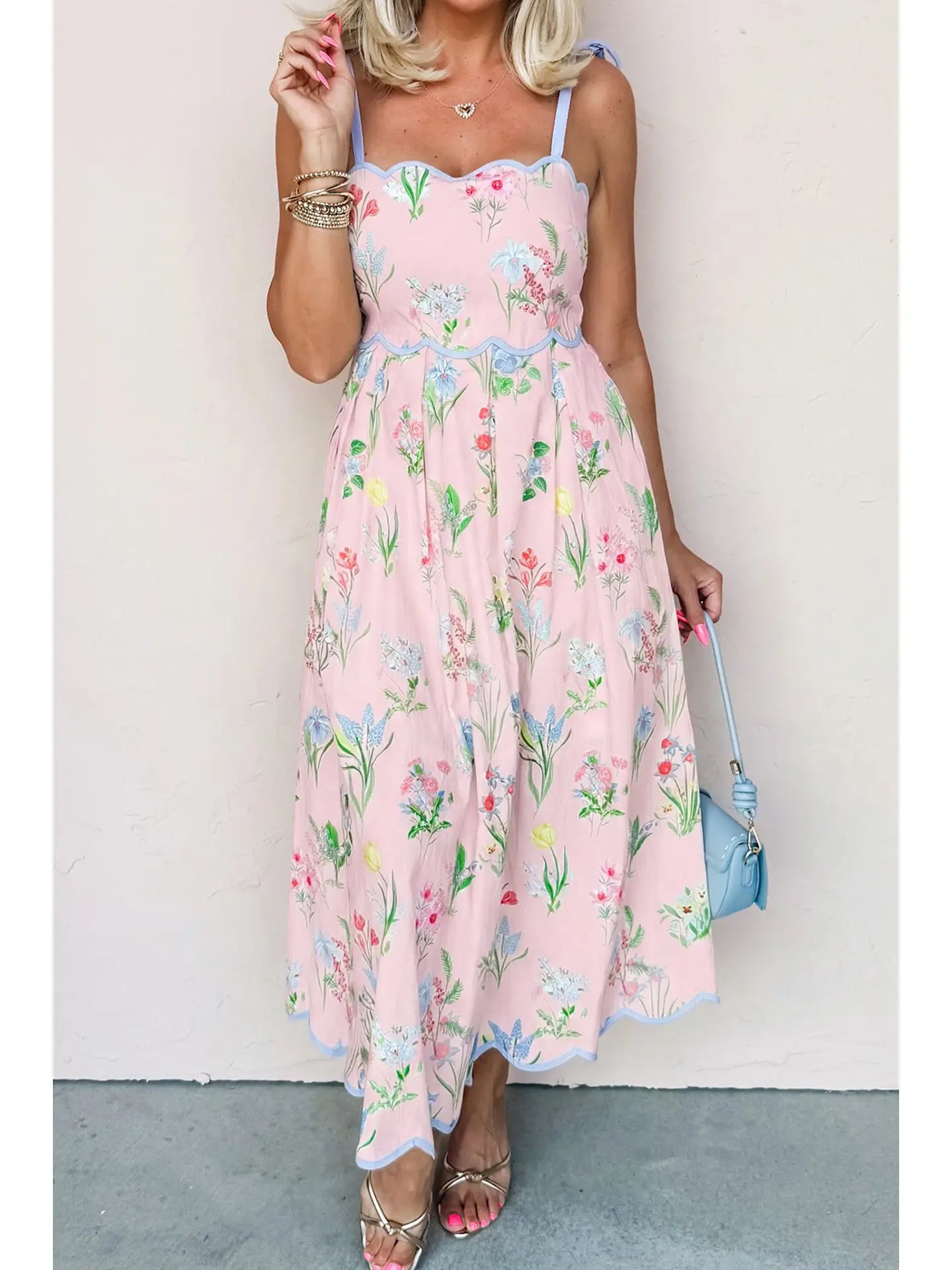 Pink Scalloped Floral Midi Dress