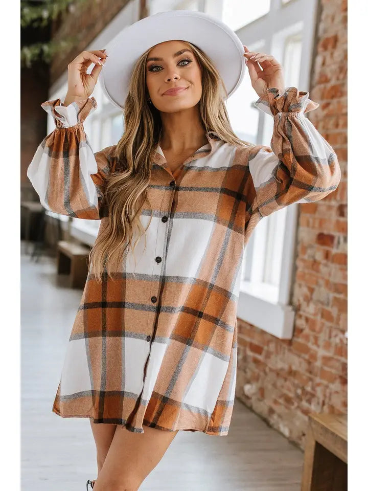 Tilly Plaid Ruffled Sleeve Shirt Dress