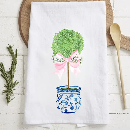 Boxwood with Pink Bow Tea Towel
