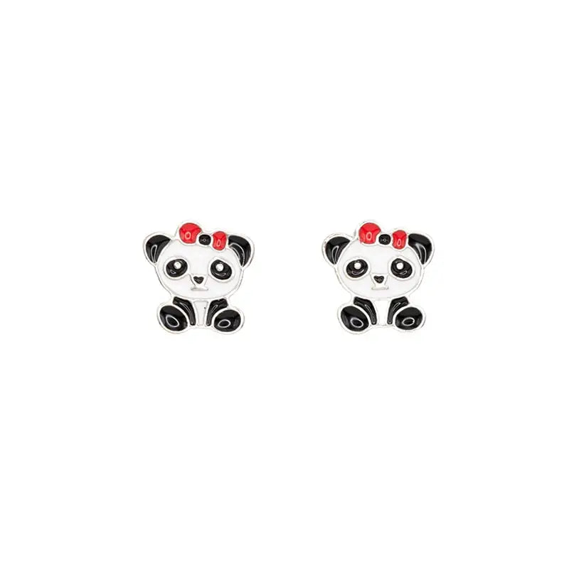 Panda Enamel Post Stud Earring Animal Red Bow Children's