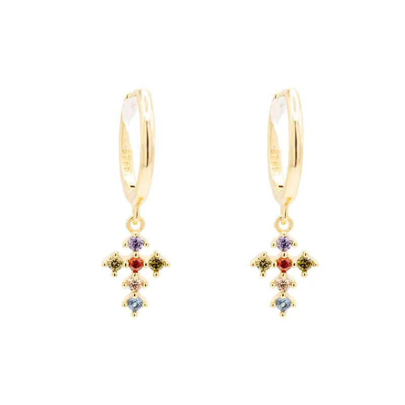 Cross Mini Multi Rainbow Cubic Zirconia Huggie Hoop Earring