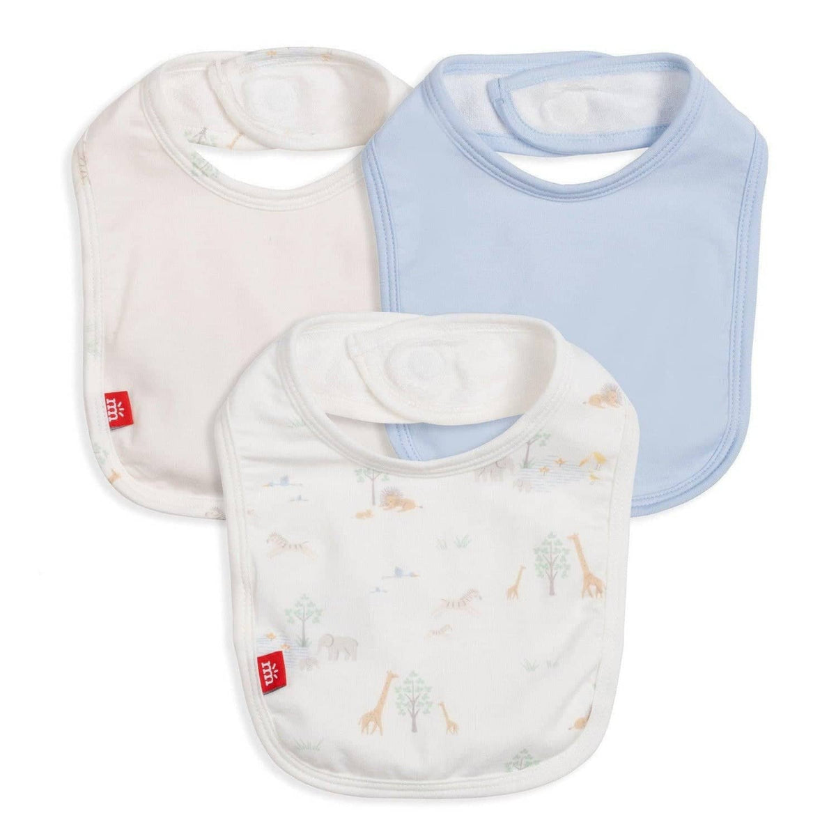 white serene safari modal magnetic stay dry infant bib 3-pack