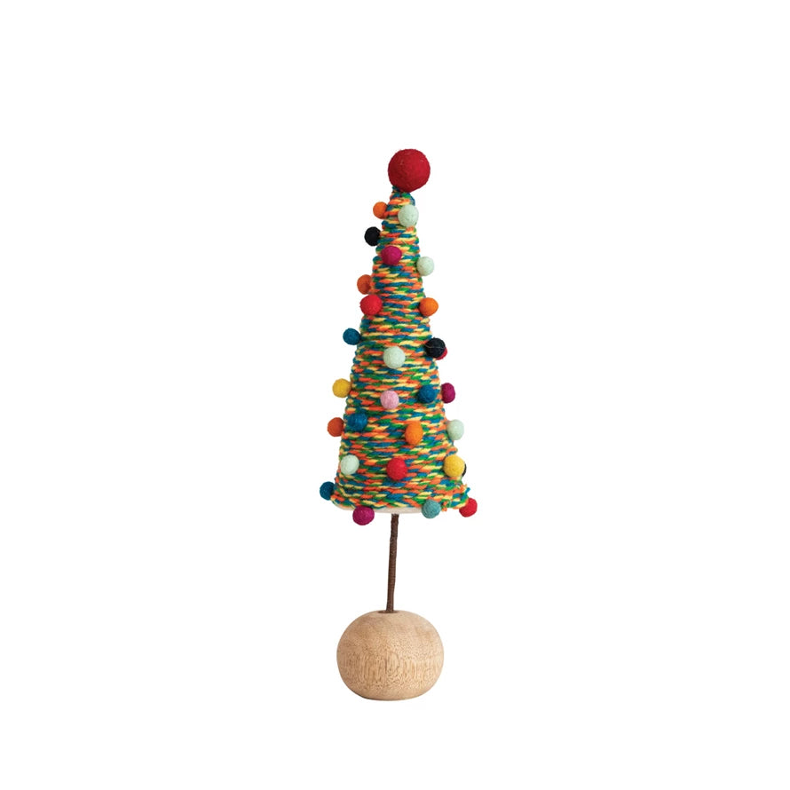 Handmade Multi Color Wool Felt Pom PomTree w Wood Base